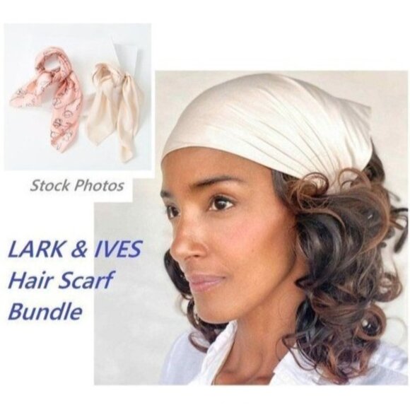 Lark & Ives Minimalist Womens Hair Scarf Bundle Set of Two Pink and Cream 20x20” - Picture 4 of 15